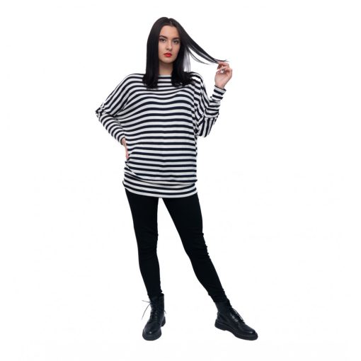 LBM ART denevér ujjú pulóver, fekete-fehér csíkos, one size