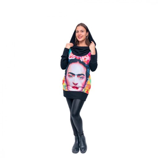 LBM ART kapucnis pulóver, fekete, Frida mintázattal, one size