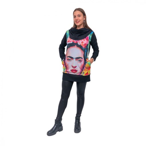 LBM ART kapucnis pulóver, fekete, Frida mintázattal, one size