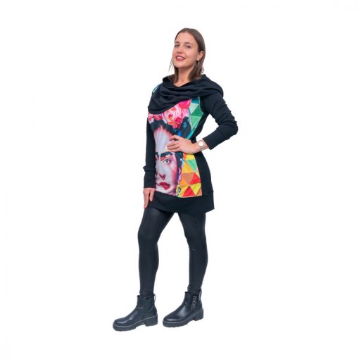 LBM ART kapucnis pulóver, fekete, Frida mintázattal, one size