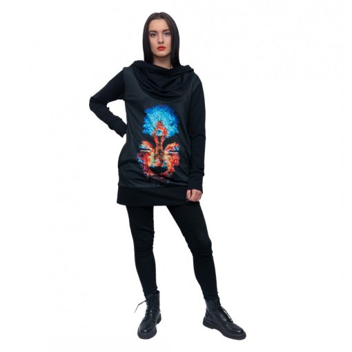 LBM ART kapucnis pulóver, fekete, Buddha mintázattal, one size