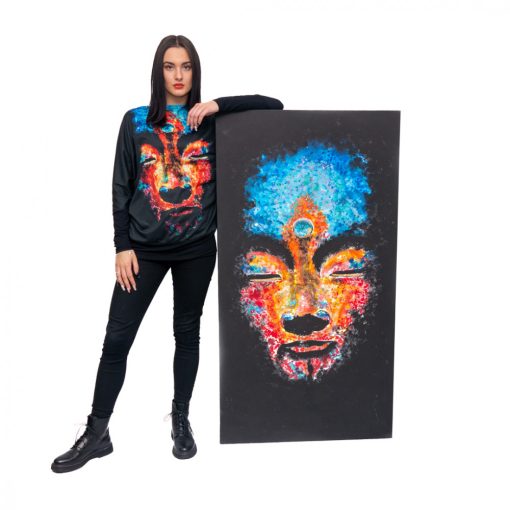 LBM ART denevér ujjú pulóver, fekete, Buddha mintázattal, one size