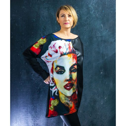 LBM Art Marilyn Kollekció, Műbőr, mintás pulóver, fekete, one size